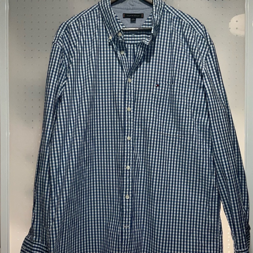 Tommy Hilfiger Blue and White Checkered Men's Shirt
